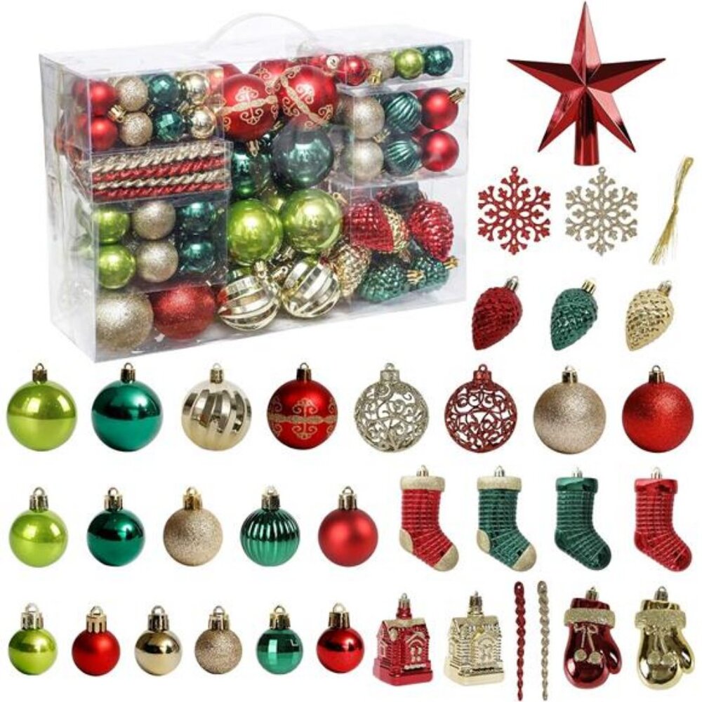 ROSELEAF 132pcs Christmas Tree Decoration Set - Red, Green & Gold Shatterproof